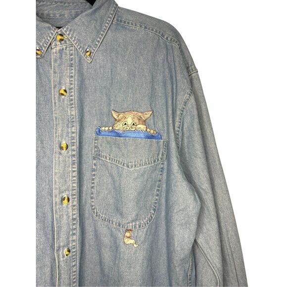 Vintage Cat Lovers Women’s Large Long Sleeve Button Down Denim Shirt Hipster 90s - Picture 2 of 5